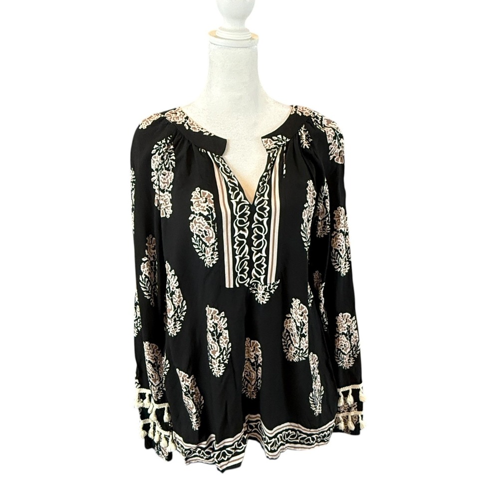 Paisley Boho Blouse Womens XL Black Tassel Fringe Split V-Neck Top Tassel Boho